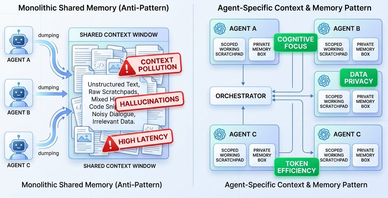 Conceptual Overview: Monolithic Shared Memory vs. Agent-Specific Context & Memory